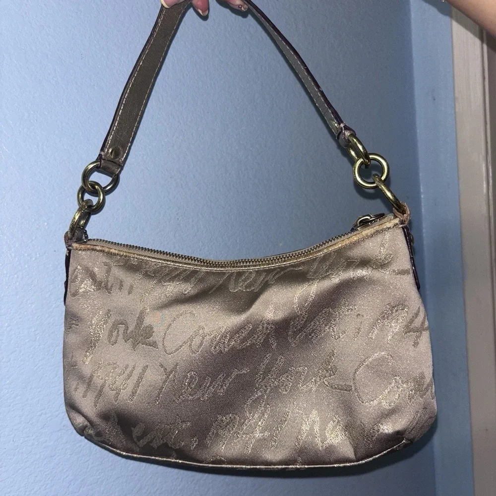 COACH Vtg Gold Satin Script Logo Purse Bag Double Heart Studded Hardware Handbag